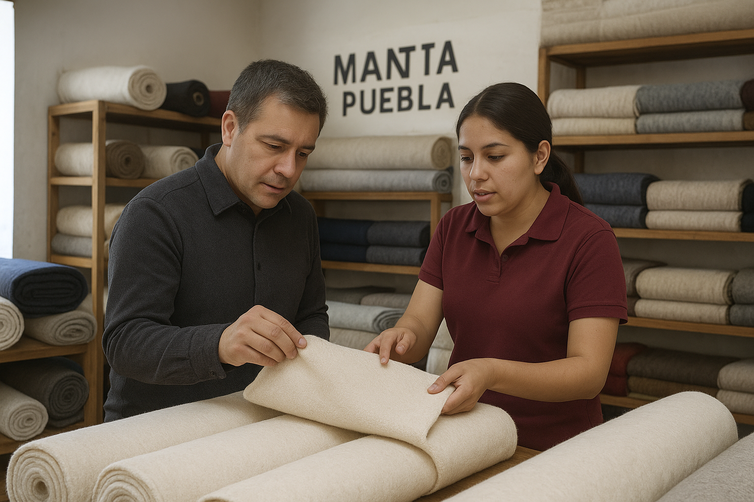 Surtido variado de mantas textiles en una tienda de telas en Puebla, exhibiendo diferentes tipos, colores y texturas adecuadas para costura y manualidades.