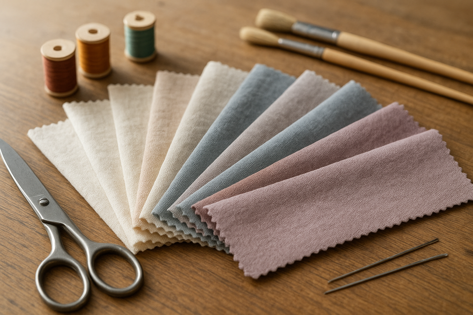 Flat lay of different craft fabrics including cotton, felt, canvas, tulle and denim arranged neatly on a wooden surface