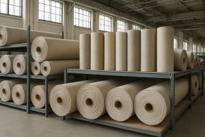 Varias grandes rollos de manta industrial almacenados ordenadamente en un almacén espacioso y bien iluminado, mostrando texturas claras y materiales listos para producción en masa.