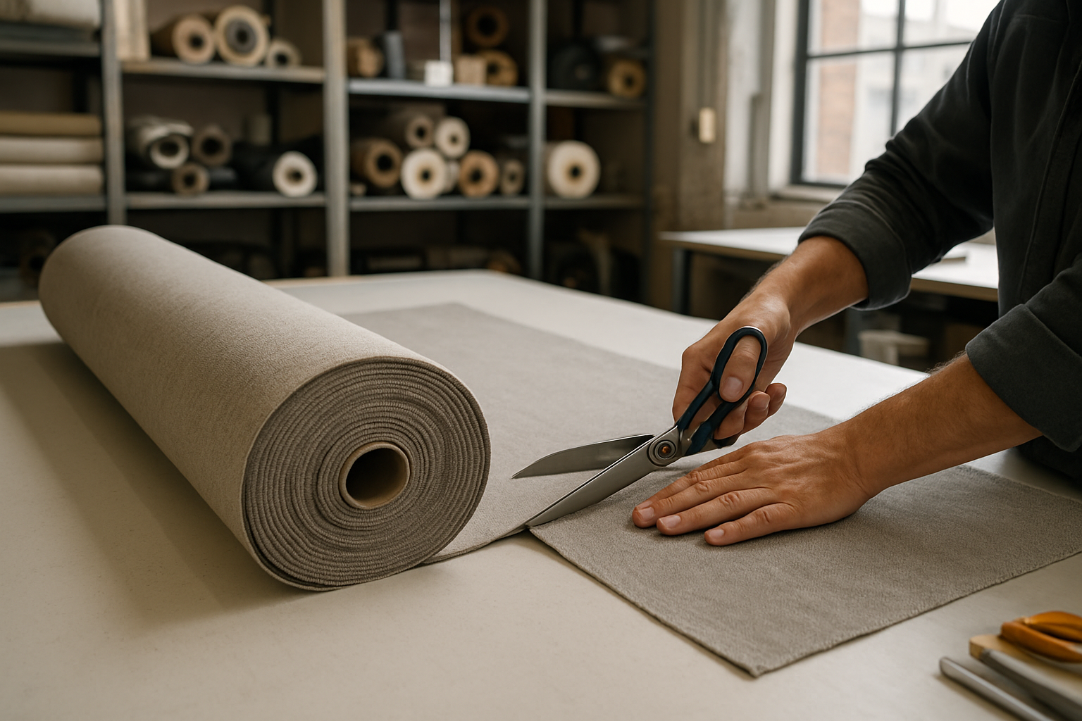 Varias grandes rollos de manta industrial almacenados ordenadamente en un almacén espacioso y bien iluminado, mostrando texturas claras y materiales listos para producción en masa.