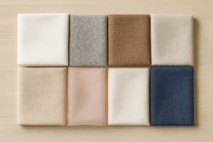 Flat lay of different craft fabrics including cotton, felt, canvas, tulle and denim arranged neatly on a wooden surface
