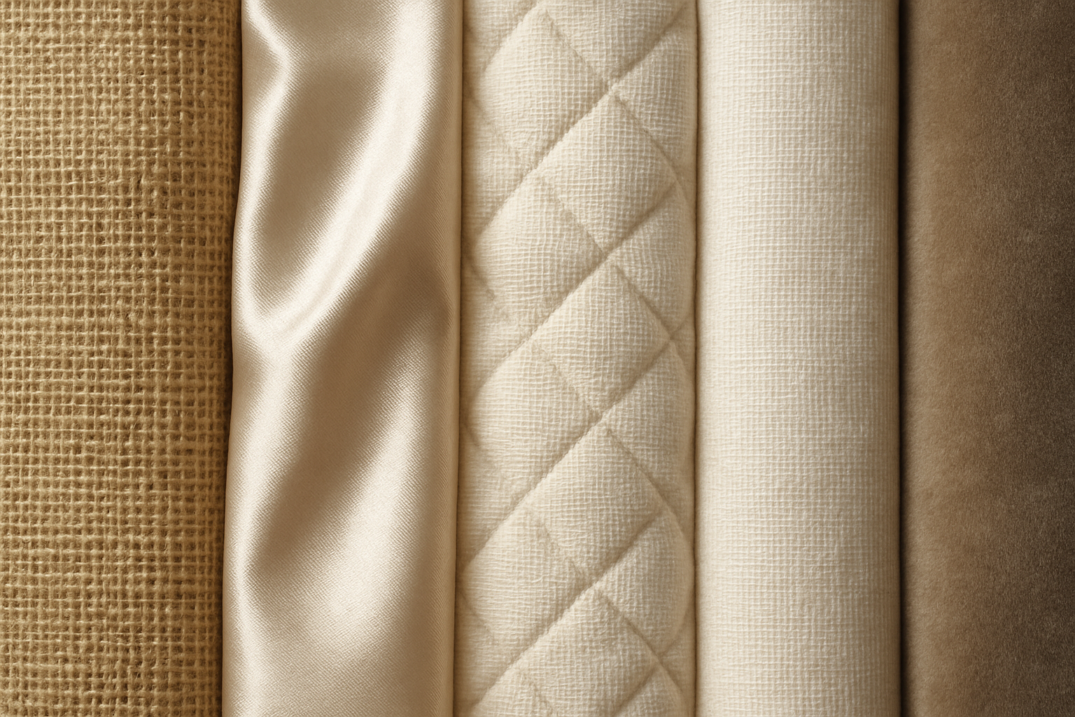 Interior scene displaying various types of decorative fabrics such as jute, taffeta, cotton blankets, linen, velvet, and polyester arranged on a table and draped over furniture