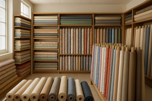 Interior of a well-organized fabric store in Puebla displaying diverse types of fabrics on shelves and rolls under natural light