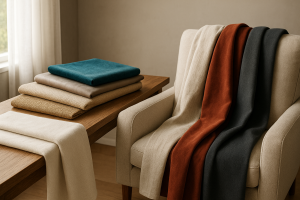 Interior scene displaying various types of decorative fabrics such as jute, taffeta, cotton blankets, linen, velvet, and polyester arranged on a table and draped over furniture