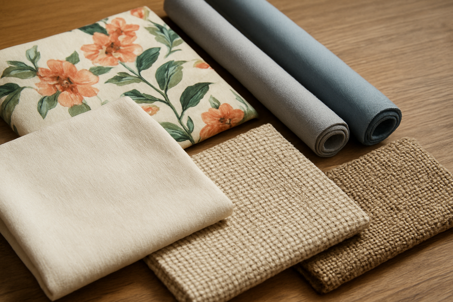 Interior of a well-organized fabric store in Puebla displaying diverse types of fabrics on shelves and rolls under natural light
