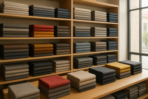 Interior de una tienda de telas en Puebla con pilas ordenadas de diferentes tipos de telas como algodón, poliéster, lana y lino, iluminada con luz natural