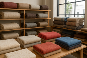 Surtido variado de mantas textiles en una tienda de telas en Puebla, exhibiendo diferentes tipos, colores y texturas adecuadas para costura y manualidades.